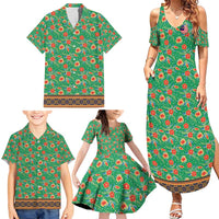 Traditional Malaysian Batik Floral Family Matching Summer Maxi Dress and Hawaiian Shirt with Green Tulip and Red Blossom Pattern