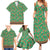 Traditional Malaysian Batik Floral Family Matching Summer Maxi Dress and Hawaiian Shirt with Green Tulip and Red Blossom Pattern