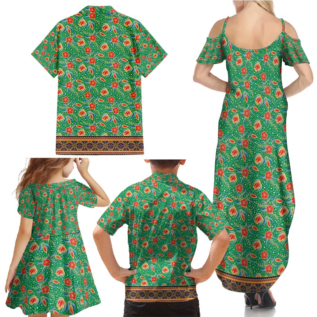 Traditional Malaysian Batik Floral Family Matching Summer Maxi Dress and Hawaiian Shirt with Green Tulip and Red Blossom Pattern