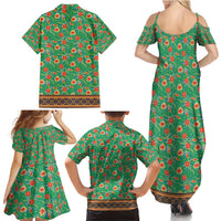 Traditional Malaysian Batik Floral Family Matching Summer Maxi Dress and Hawaiian Shirt with Green Tulip and Red Blossom Pattern