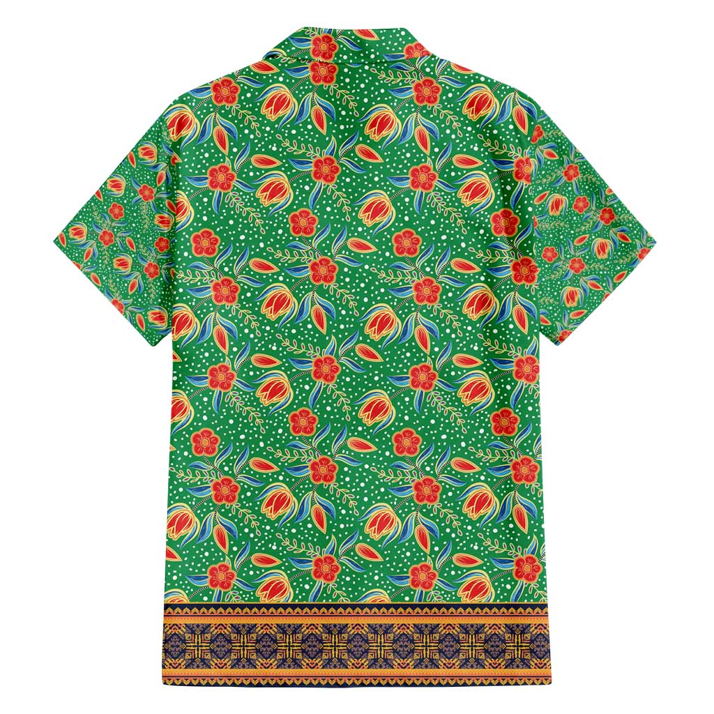 Traditional Malaysian Batik Floral Family Matching Summer Maxi Dress and Hawaiian Shirt with Green Tulip and Red Blossom Pattern