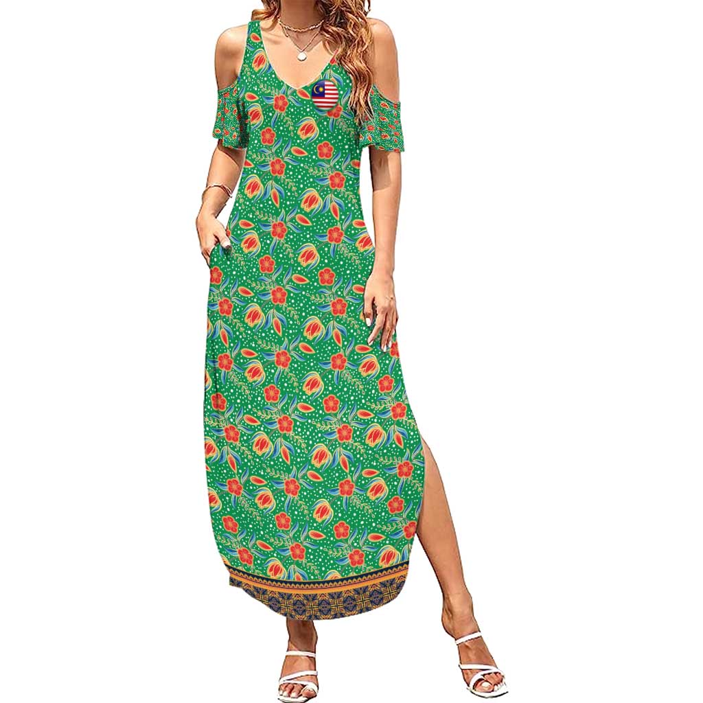 Traditional Malaysian Batik Floral Family Matching Summer Maxi Dress and Hawaiian Shirt with Green Tulip and Red Blossom Pattern