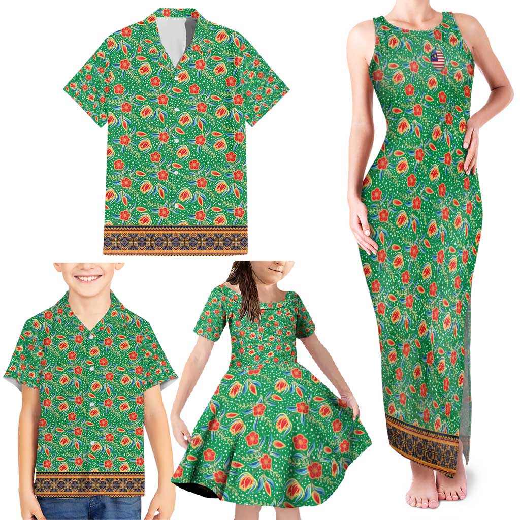 Traditional Malaysian Batik Floral Family Matching Tank Maxi Dress and Hawaiian Shirt with Green Tulip and Red Blossom Pattern