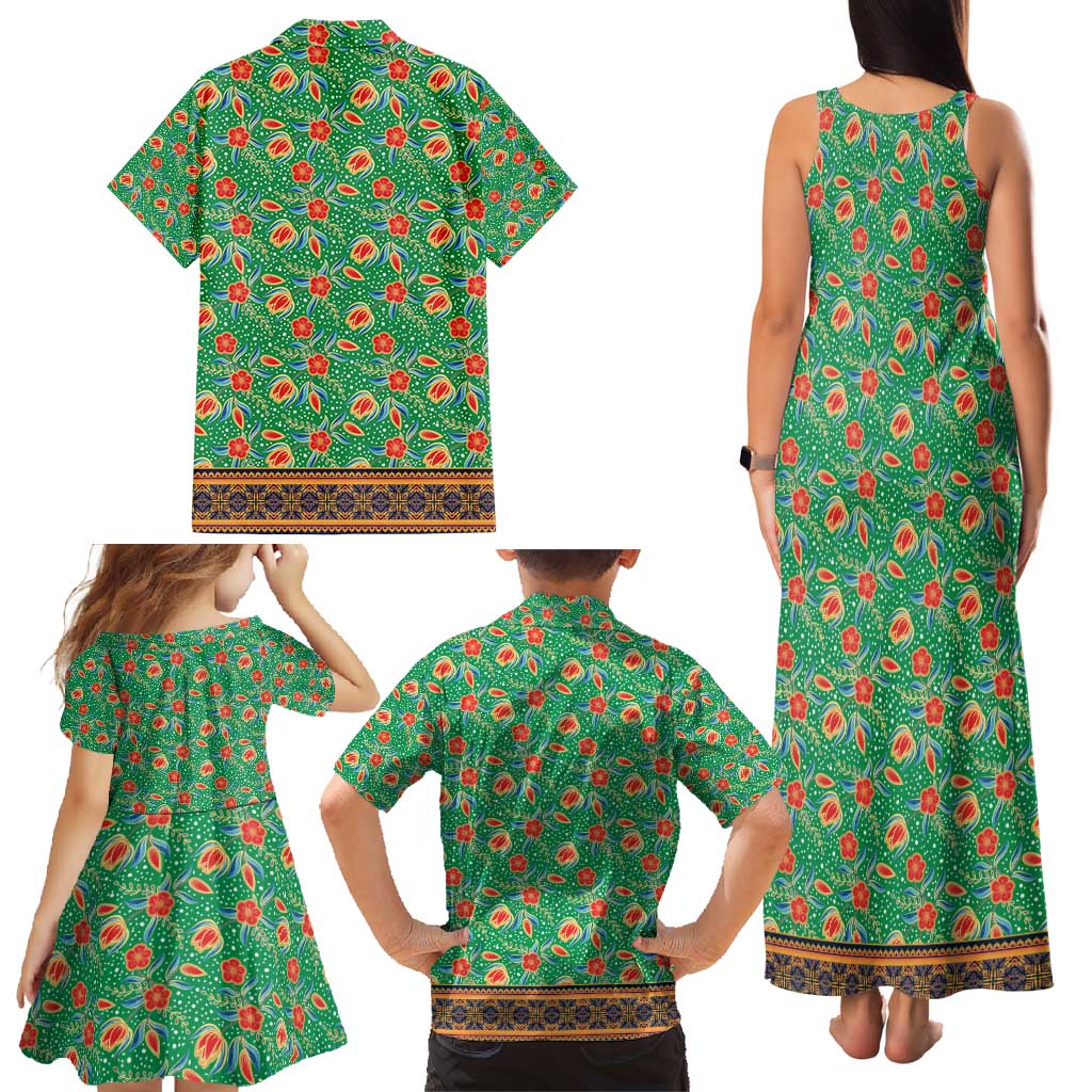 Traditional Malaysian Batik Floral Family Matching Tank Maxi Dress and Hawaiian Shirt with Green Tulip and Red Blossom Pattern