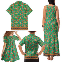 Traditional Malaysian Batik Floral Family Matching Tank Maxi Dress and Hawaiian Shirt with Green Tulip and Red Blossom Pattern