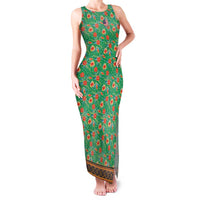 Traditional Malaysian Batik Floral Family Matching Tank Maxi Dress and Hawaiian Shirt with Green Tulip and Red Blossom Pattern