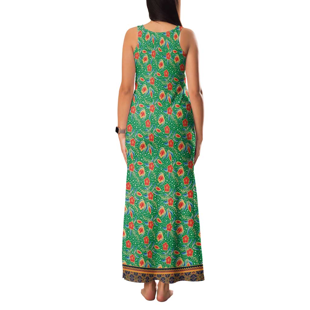 Traditional Malaysian Batik Floral Family Matching Tank Maxi Dress and Hawaiian Shirt with Green Tulip and Red Blossom Pattern
