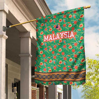 Traditional Malaysian Batik Floral Garden Flag with Green Tulip and Red Blossom Pattern