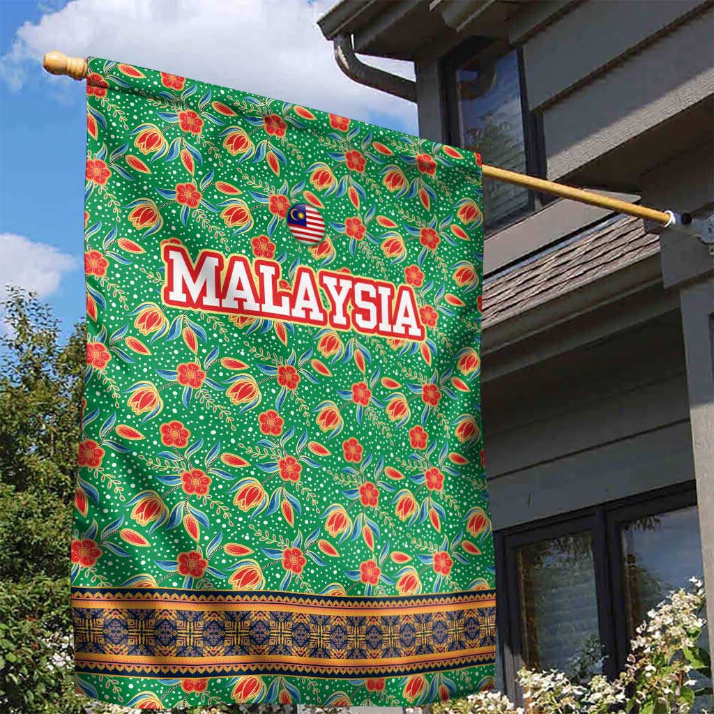 Traditional Malaysian Batik Floral Garden Flag with Green Tulip and Red Blossom Pattern