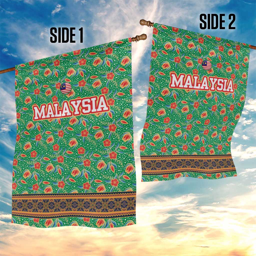 Traditional Malaysian Batik Floral Garden Flag with Green Tulip and Red Blossom Pattern