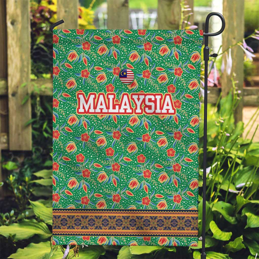 Traditional Malaysian Batik Floral Garden Flag with Green Tulip and Red Blossom Pattern