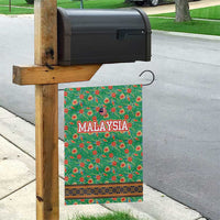 Traditional Malaysian Batik Floral Garden Flag with Green Tulip and Red Blossom Pattern