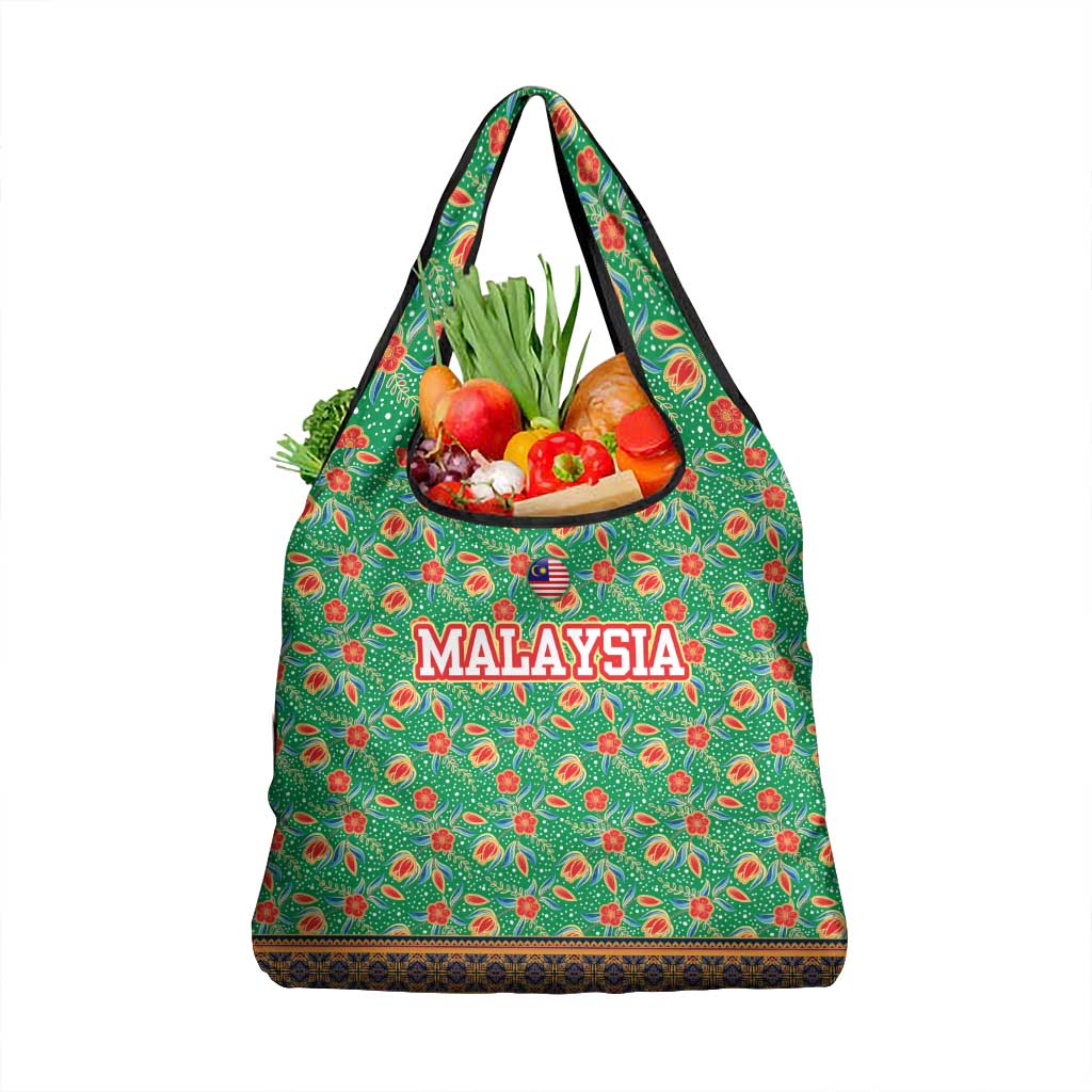 Traditional Malaysian Batik Floral Grocery Bag with Green Tulip and Red Blossom Pattern