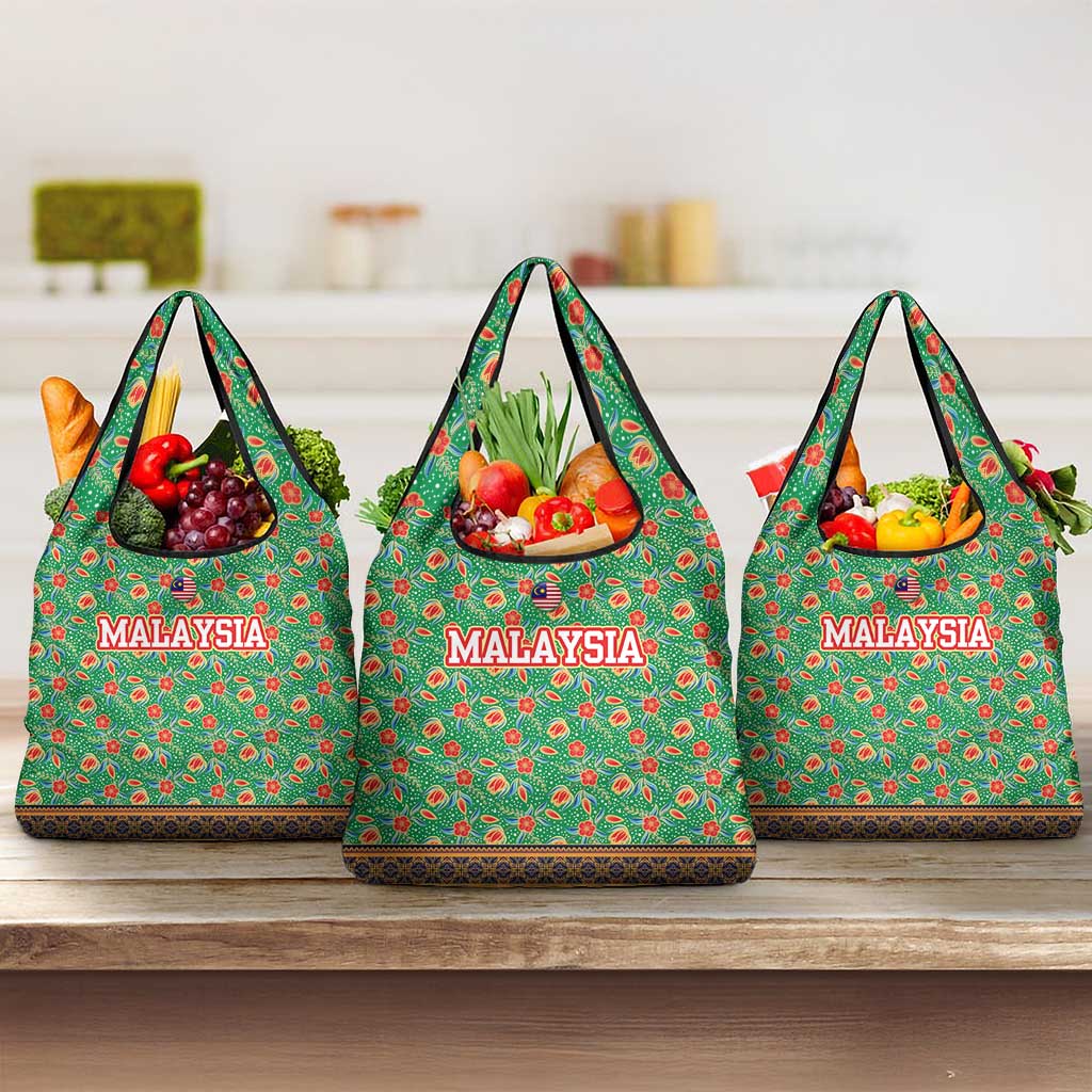 Traditional Malaysian Batik Floral Grocery Bag with Green Tulip and Red Blossom Pattern