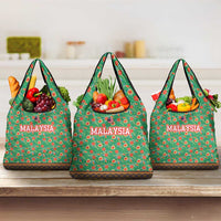 Traditional Malaysian Batik Floral Grocery Bag with Green Tulip and Red Blossom Pattern