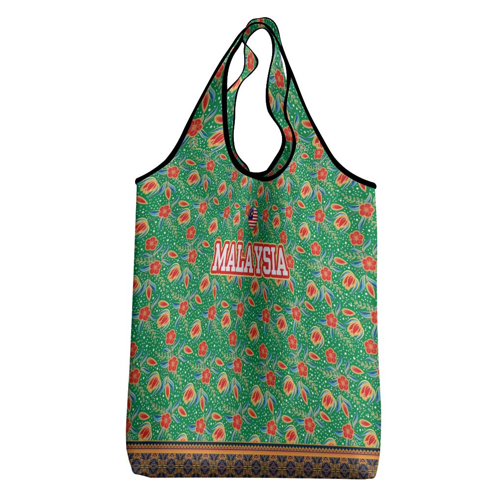 Traditional Malaysian Batik Floral Grocery Bag with Green Tulip and Red Blossom Pattern