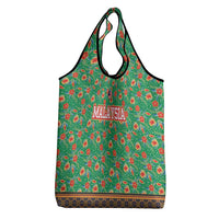 Traditional Malaysian Batik Floral Grocery Bag with Green Tulip and Red Blossom Pattern