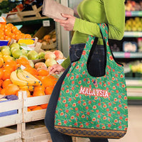 Traditional Malaysian Batik Floral Grocery Bag with Green Tulip and Red Blossom Pattern