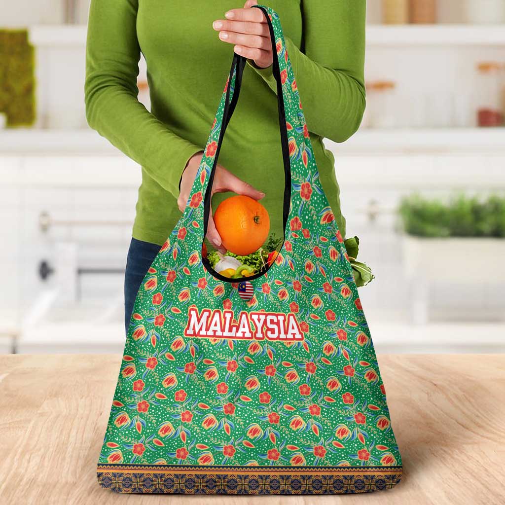 Traditional Malaysian Batik Floral Grocery Bag with Green Tulip and Red Blossom Pattern