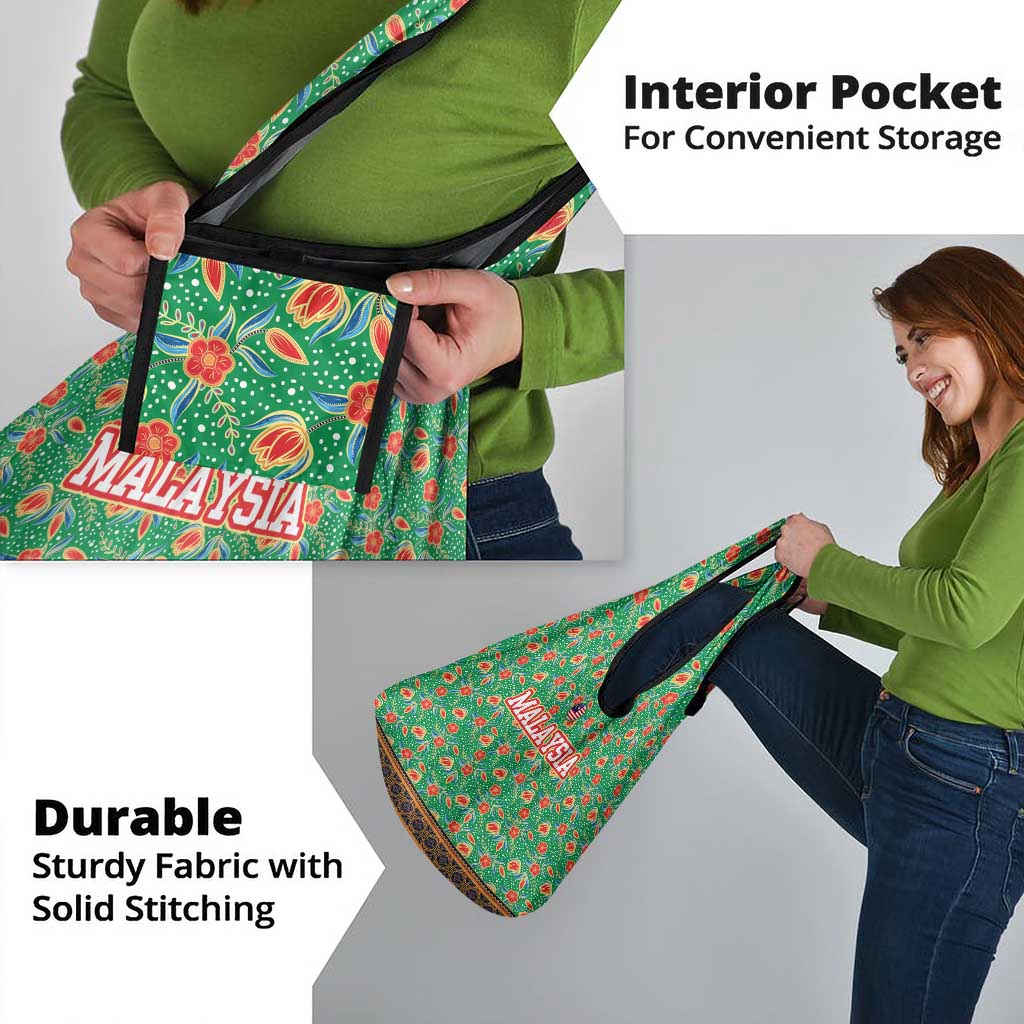 Traditional Malaysian Batik Floral Grocery Bag with Green Tulip and Red Blossom Pattern