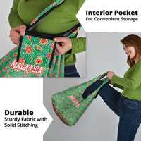 Traditional Malaysian Batik Floral Grocery Bag with Green Tulip and Red Blossom Pattern