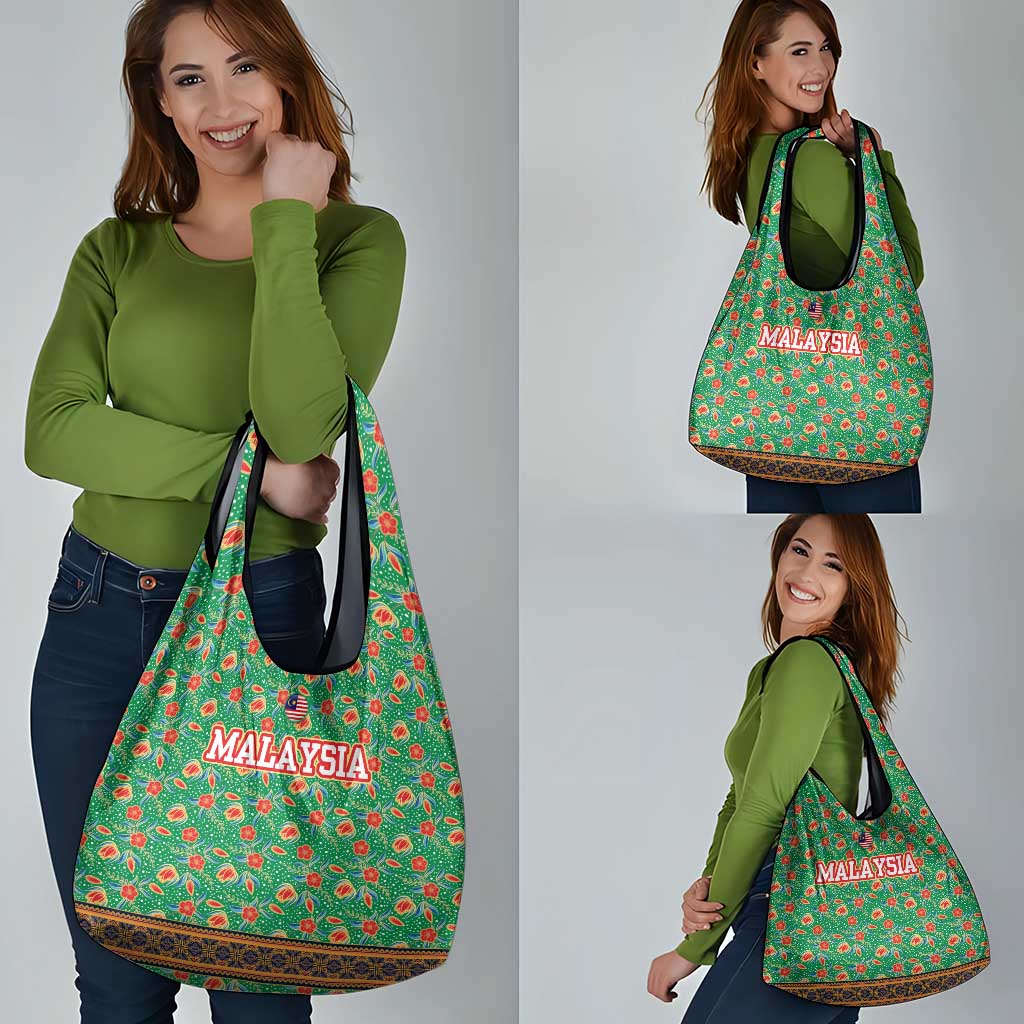Traditional Malaysian Batik Floral Grocery Bag with Green Tulip and Red Blossom Pattern