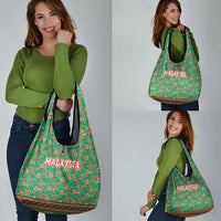 Traditional Malaysian Batik Floral Grocery Bag with Green Tulip and Red Blossom Pattern