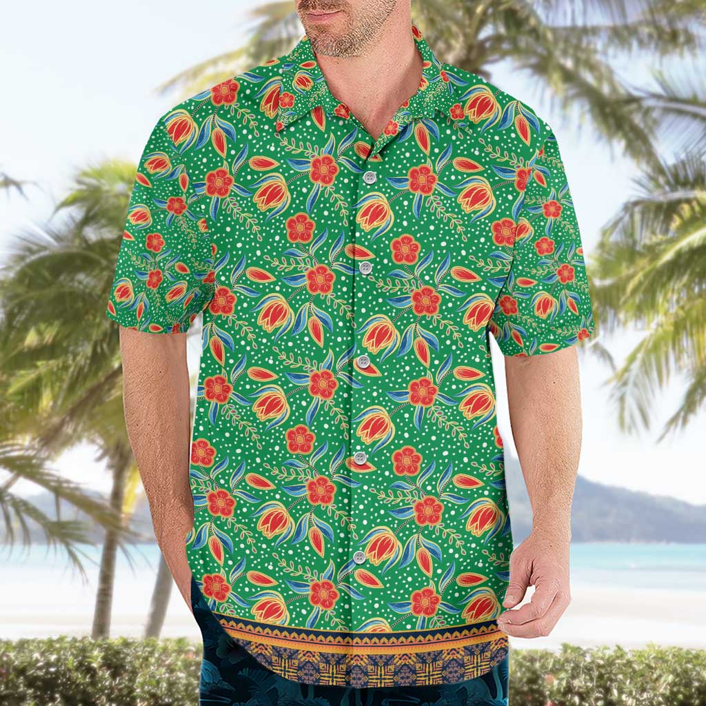 Traditional Malaysian Batik Floral Hawaiian Shirt with Green Tulip and Red Blossom Pattern