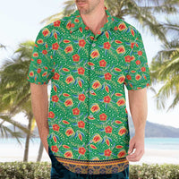Traditional Malaysian Batik Floral Hawaiian Shirt with Green Tulip and Red Blossom Pattern