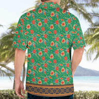 Traditional Malaysian Batik Floral Hawaiian Shirt with Green Tulip and Red Blossom Pattern