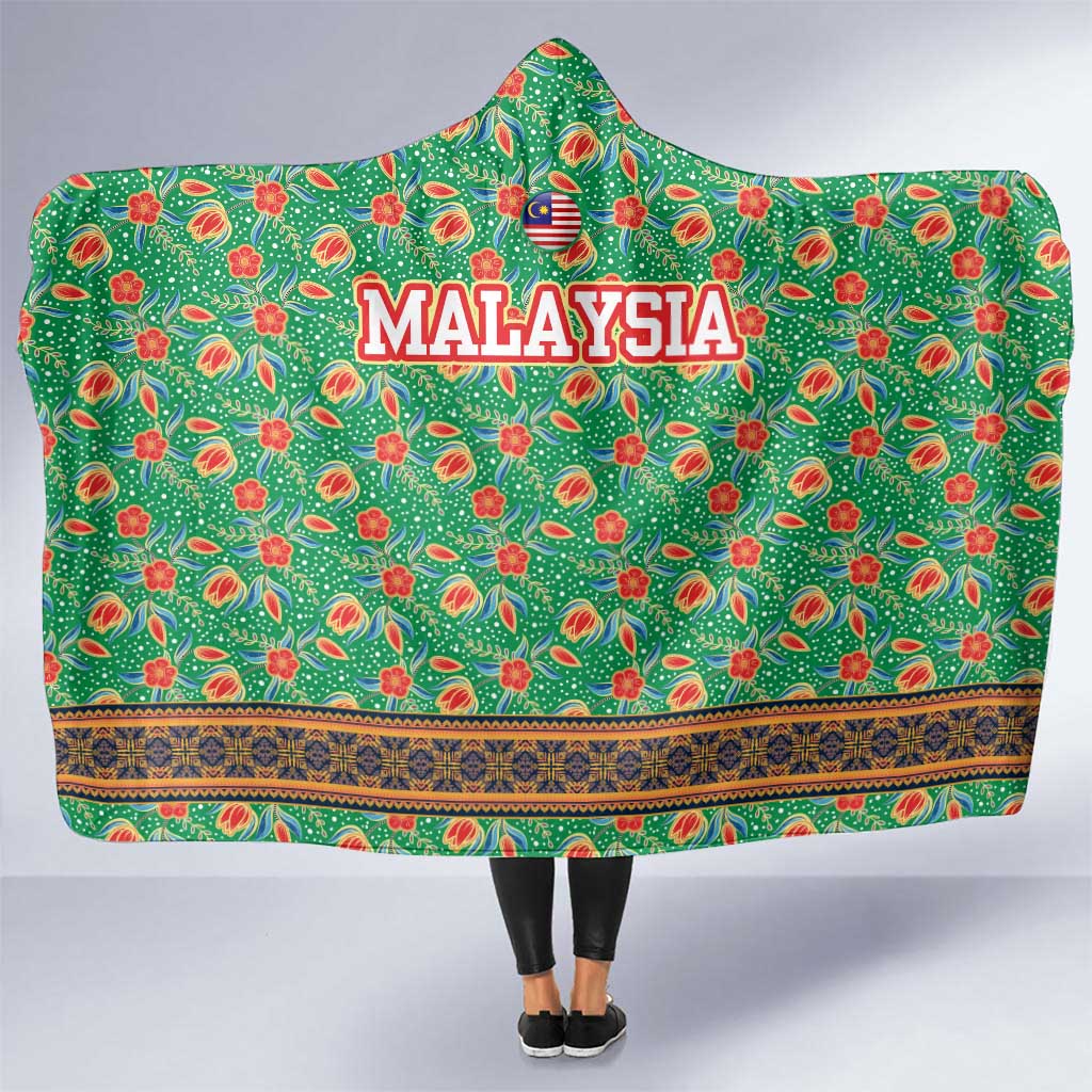 Traditional Malaysian Batik Floral Hooded Blanket with Green Tulip and Red Blossom Pattern