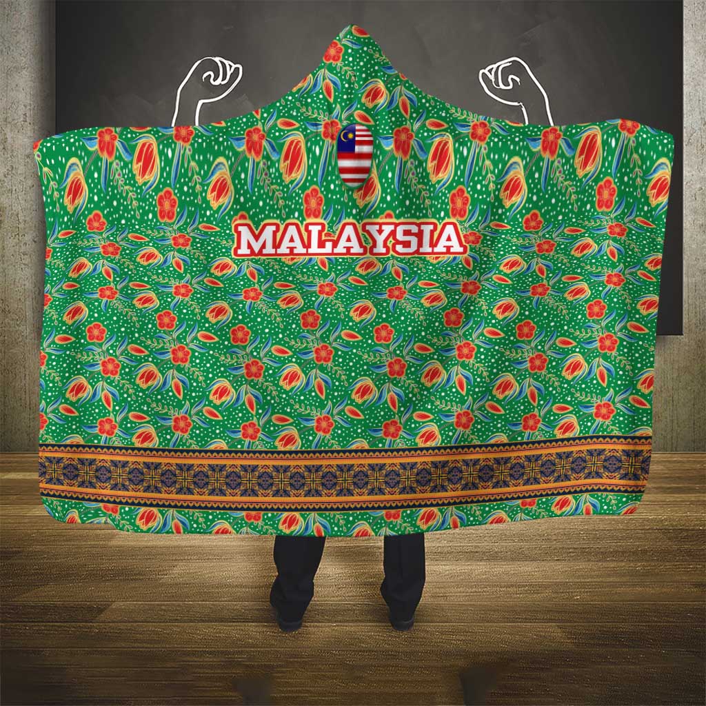 Traditional Malaysian Batik Floral Hooded Blanket with Green Tulip and Red Blossom Pattern