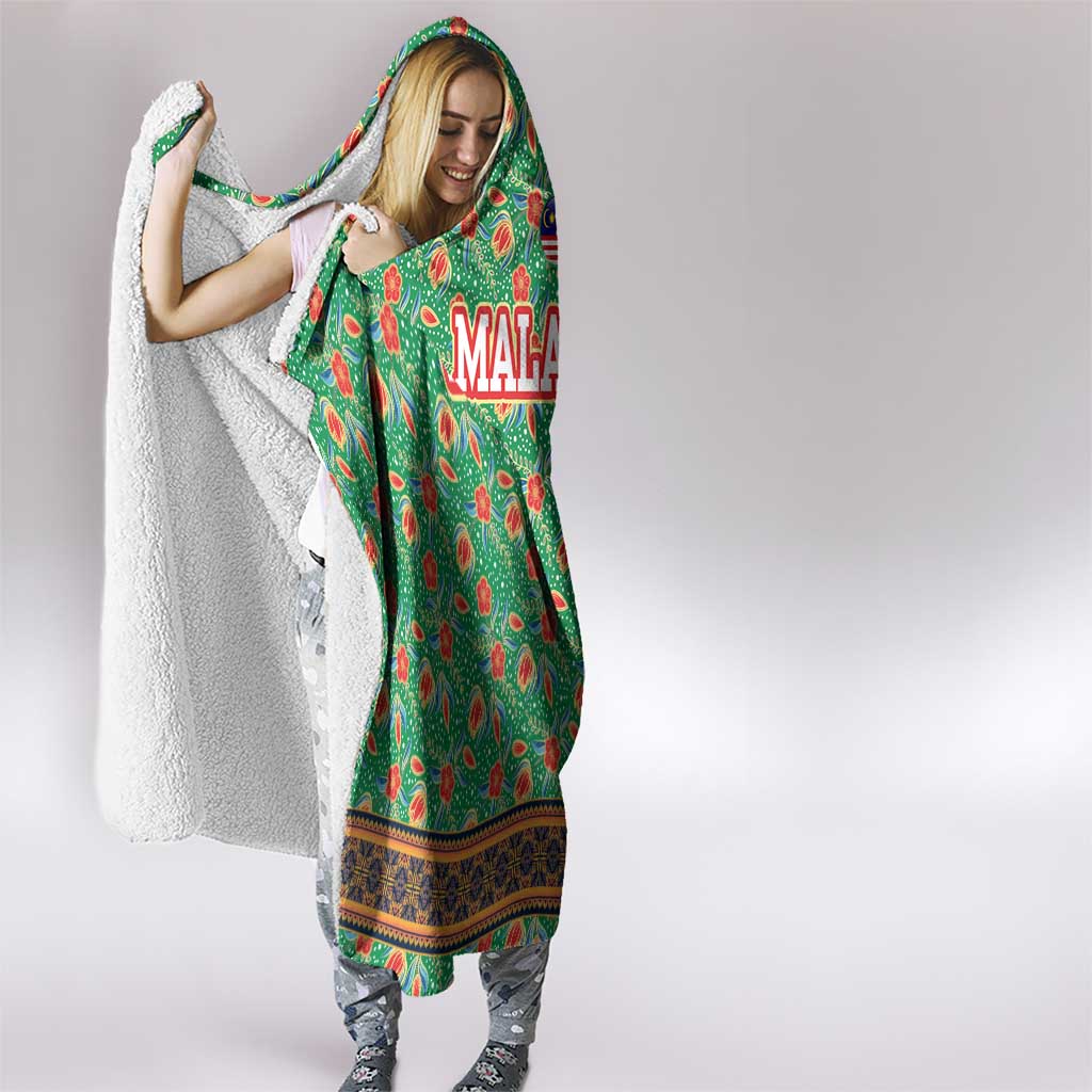Traditional Malaysian Batik Floral Hooded Blanket with Green Tulip and Red Blossom Pattern