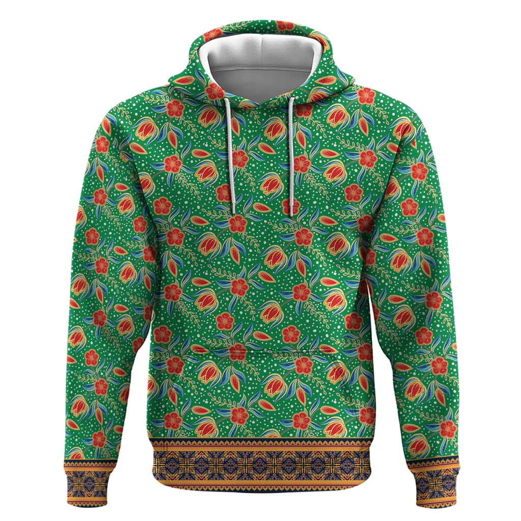 Traditional Malaysian Batik Floral Hoodie with Green Tulip and Red Blossom Pattern