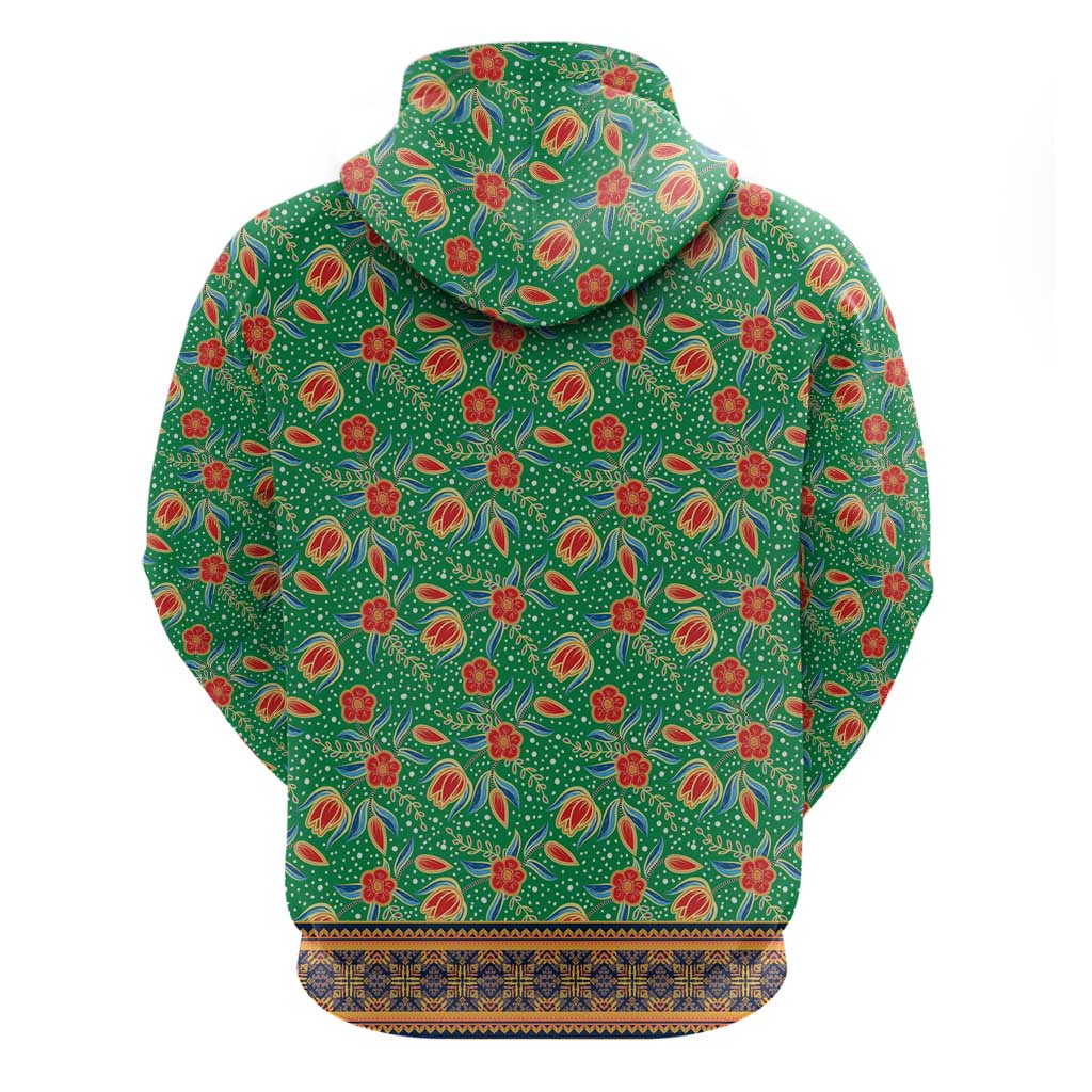 Traditional Malaysian Batik Floral Hoodie with Green Tulip and Red Blossom Pattern