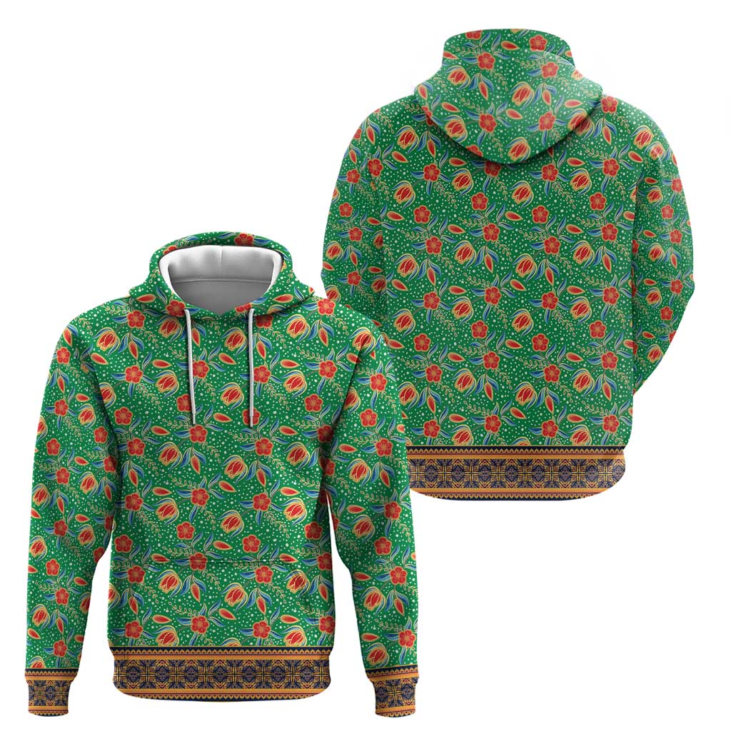 Traditional Malaysian Batik Floral Hoodie with Green Tulip and Red Blossom Pattern