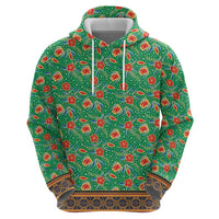 Traditional Malaysian Batik Floral Hoodie with Green Tulip and Red Blossom Pattern