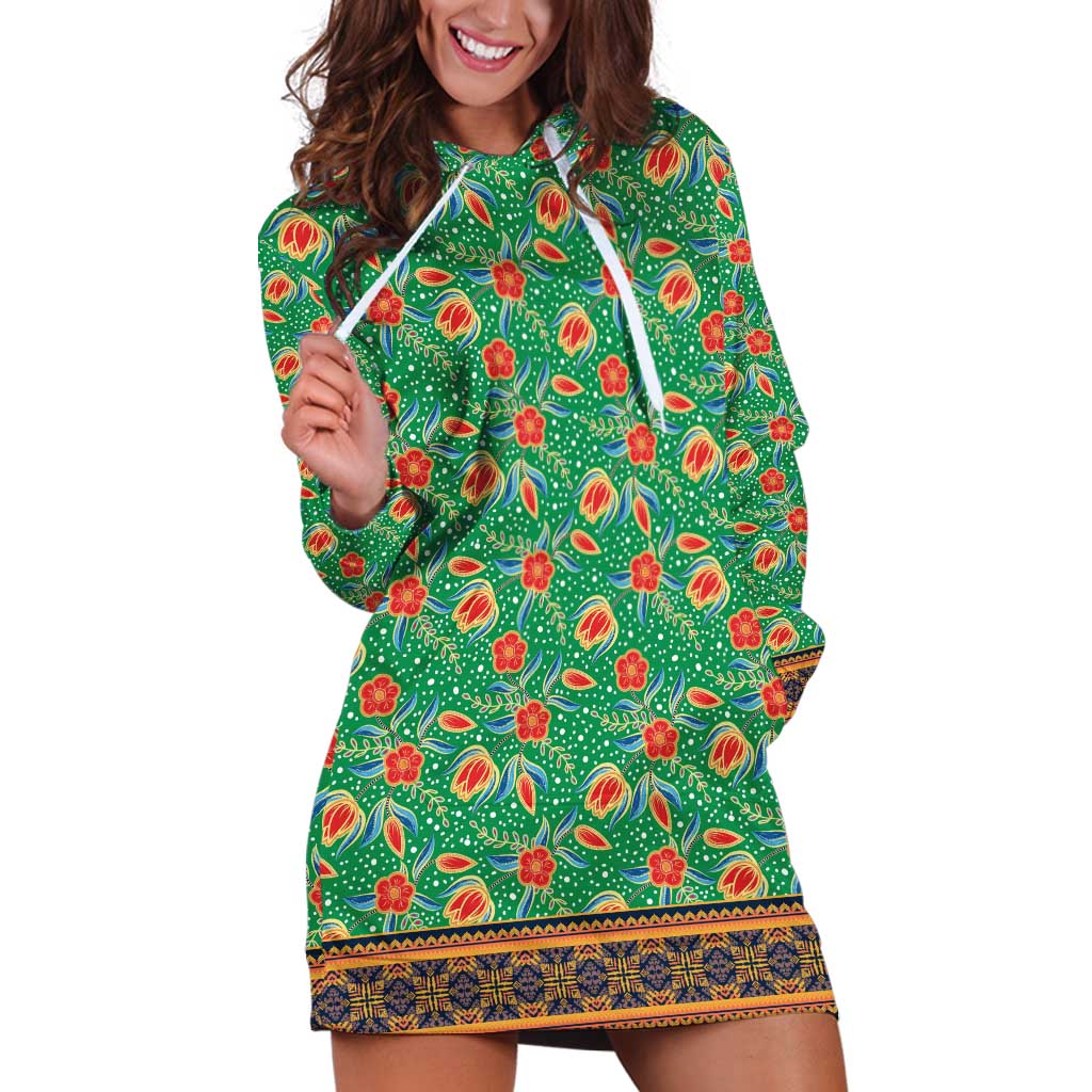 Traditional Malaysian Batik Floral Hoodie Dress with Green Tulip and Red Blossom Pattern