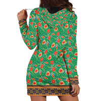Traditional Malaysian Batik Floral Hoodie Dress with Green Tulip and Red Blossom Pattern
