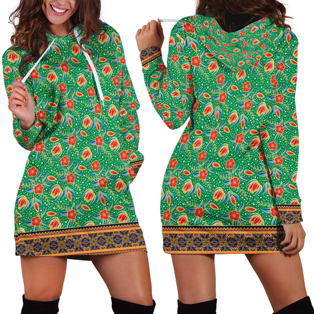 Traditional Malaysian Batik Floral Hoodie Dress with Green Tulip and Red Blossom Pattern