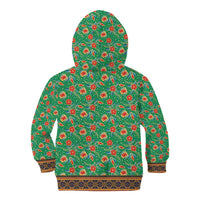 Traditional Malaysian Batik Floral Kid Hoodie with Green Tulip and Red Blossom Pattern
