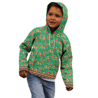 Traditional Malaysian Batik Floral Kid Hoodie with Green Tulip and Red Blossom Pattern