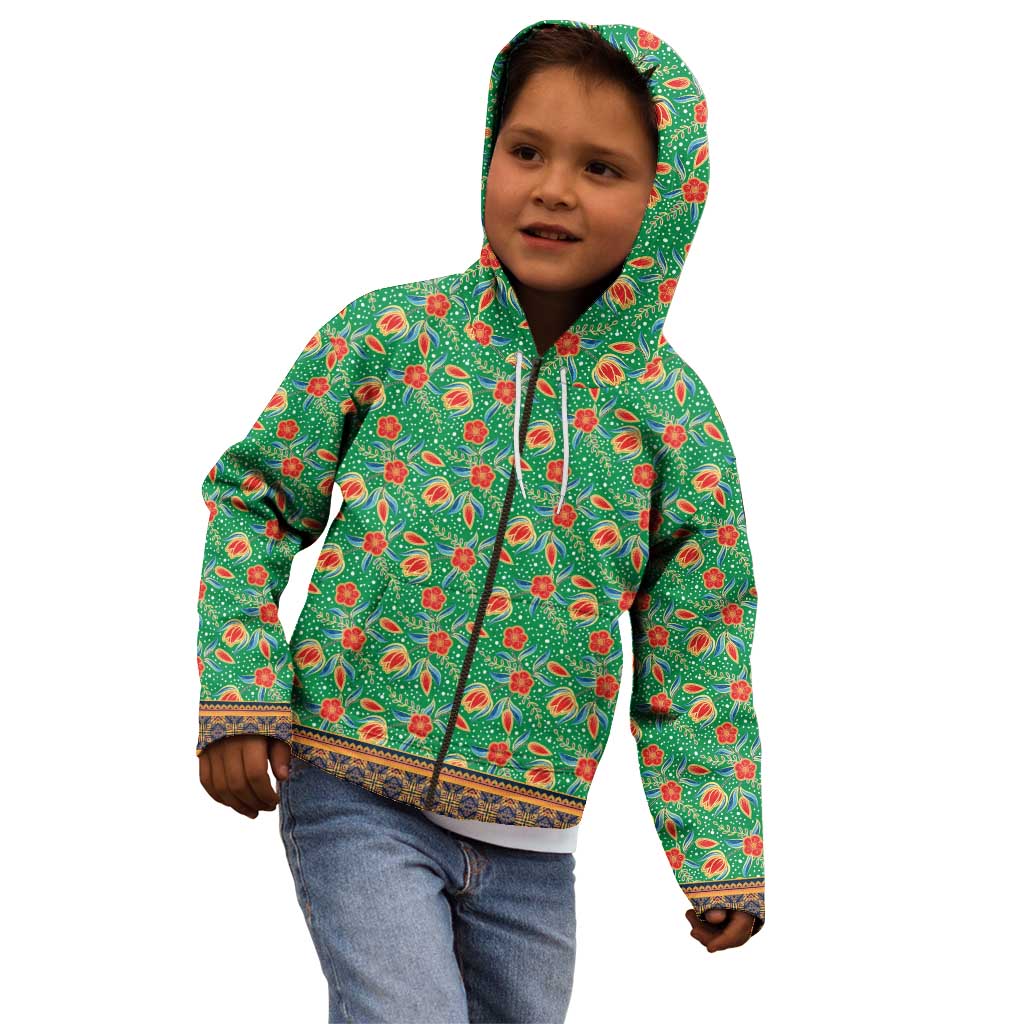 Traditional Malaysian Batik Floral Kid Hoodie with Green Tulip and Red Blossom Pattern