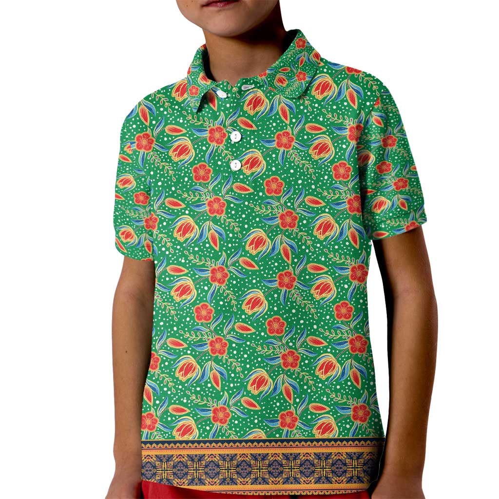 Traditional Malaysian Batik Floral Kid Polo Shirt with Green Tulip and Red Blossom Pattern