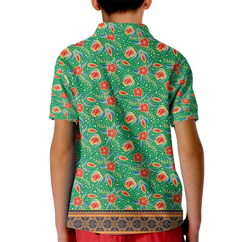 Traditional Malaysian Batik Floral Kid Polo Shirt with Green Tulip and Red Blossom Pattern