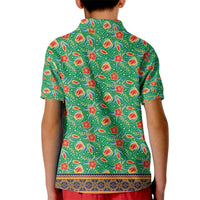 Traditional Malaysian Batik Floral Kid Polo Shirt with Green Tulip and Red Blossom Pattern