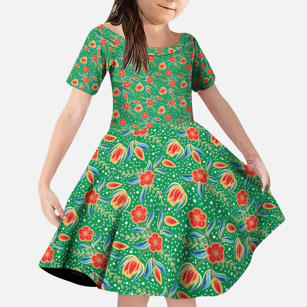 Traditional Malaysian Batik Floral Kid Short Sleeve Dress with Green Tulip and Red Blossom Pattern