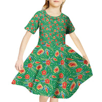 Traditional Malaysian Batik Floral Kid Short Sleeve Dress with Green Tulip and Red Blossom Pattern