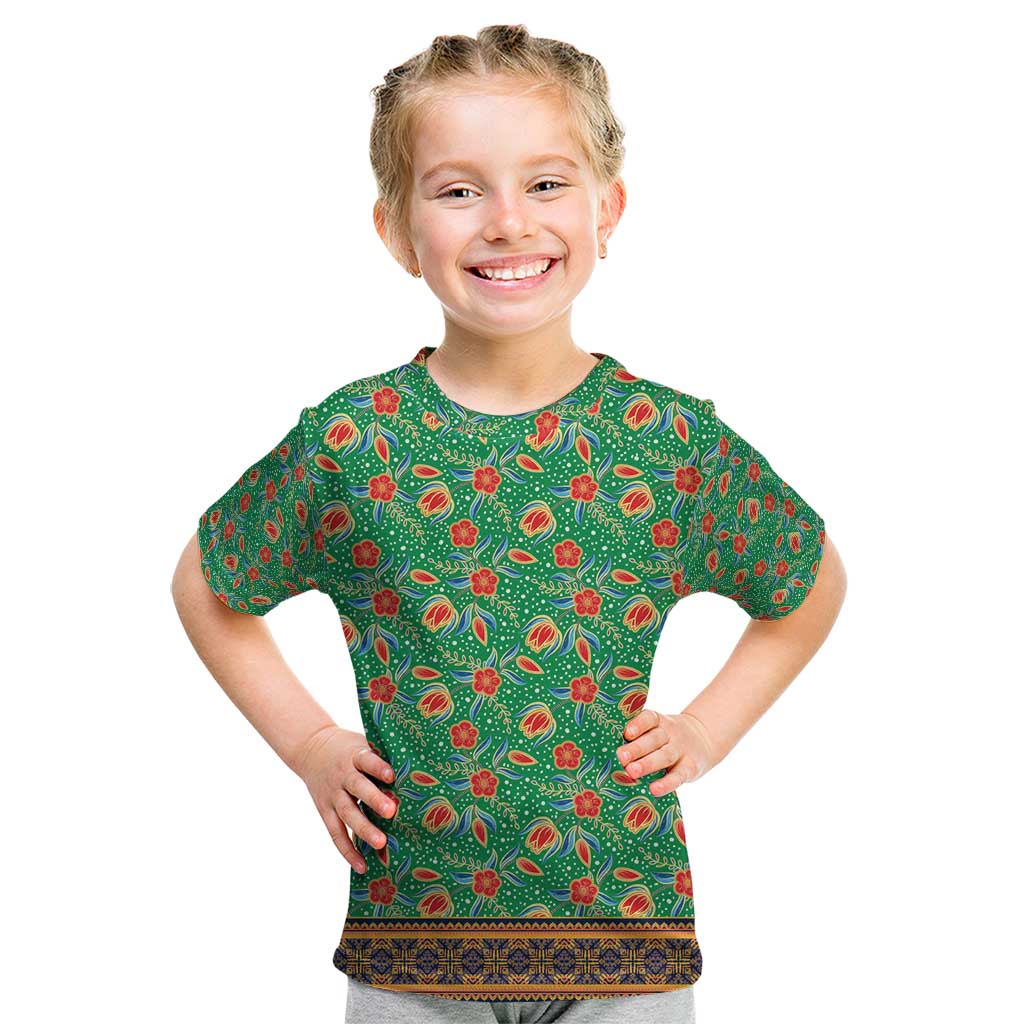 Traditional Malaysian Batik Floral Kid T Shirt with Green Tulip and Red Blossom Pattern