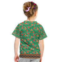 Traditional Malaysian Batik Floral Kid T Shirt with Green Tulip and Red Blossom Pattern
